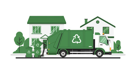 Obraz premium Green Recycling Truck Collecting Waste Bins in a Suburban Neighborhood Flat Vector Illustration