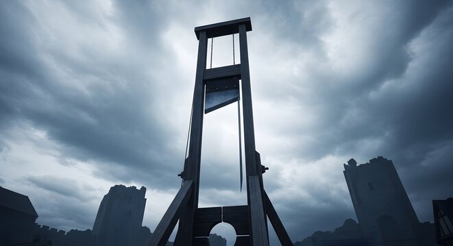 Guillotine under dark cloudy sky with castle silhouette