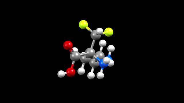 Structure of eflornithine, a medication used to treat African trypanosomiasis (sleeping sickness) and excessive hair growth on the face in women. Animated 3D ball-and-stick and spacefill models