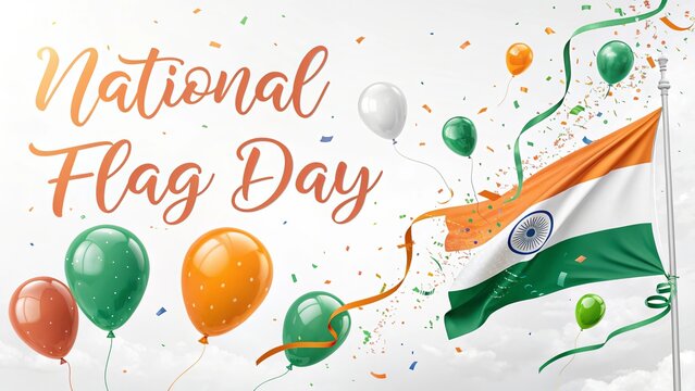 Colorful balloons and confetti celebrating patriotic National Flag Day.
