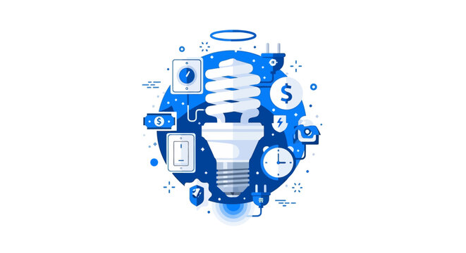 Energy Efficiency and Cost Saving Concept Illustration with CFL Light Bulb, Money, and Utility Icons in Blue Flat Design