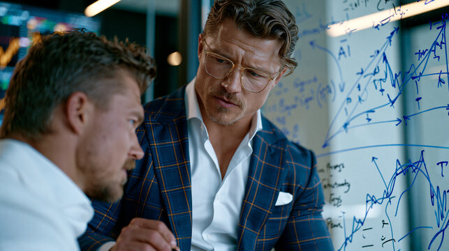 A quantitative trading strategist standing at a whiteboard in a hedge fund research office sketching an AI signal decay model, printed backtest performance reports and market microstructure papers s