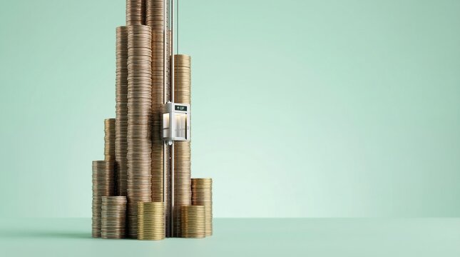 Miniature Elevator Moving Up Stacks of Gold Coins Symbolizing Financial Growth and Wealth Investment