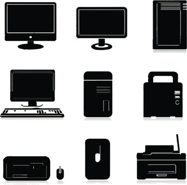 Minimalist black vector graphic illustration set featuring various essential computer hardware devices including monitors towers printers and keyboards for office work