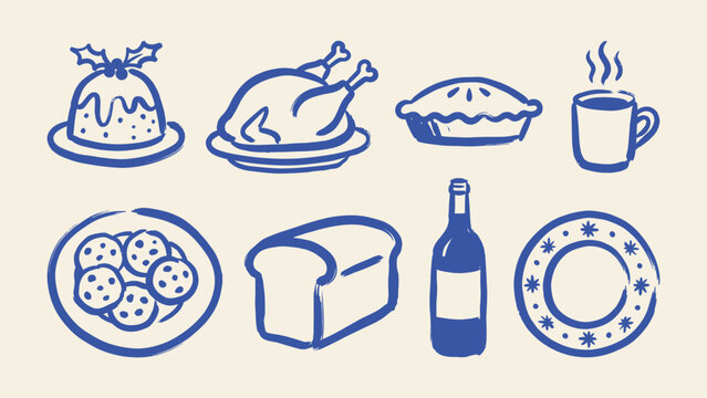 Blue hand drawn Christmas food and drink icon set with turkey pudding pie cookies bread wine bottle and mug vector illustration