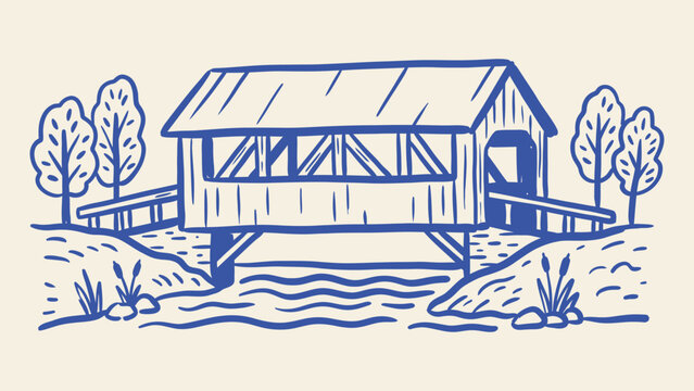 Hand drawn vector illustration of a rustic covered bridge over a river with trees and landscape