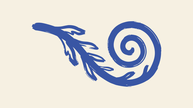 Blue brush stroke spiral fern frond vector graphic in koru style for organic design elements