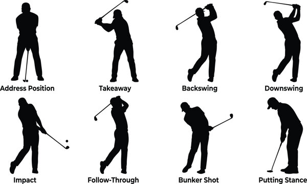 Golf Player Swing Silhouette Collection Showing Complete Golf Stroke Sequence and Putting Technique Vector Set
