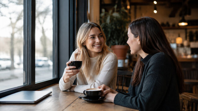 Two Friends Talking Beside Cafe Window with Laptop