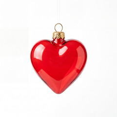 Fototapeta premium Red heart shaped glass Christmas ornament hanging on a white background with copy space