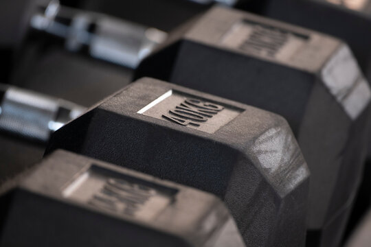 Close-up of hex dumbbells in gym rack