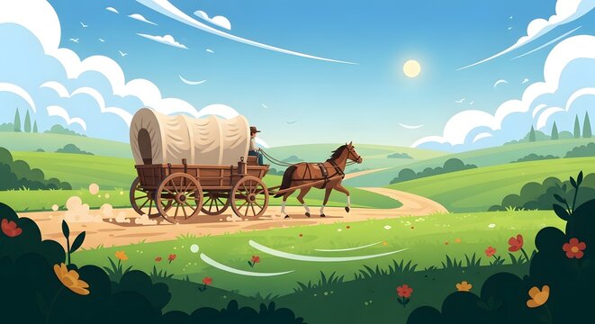 Horse drawn covered wagon traveling through green landscape