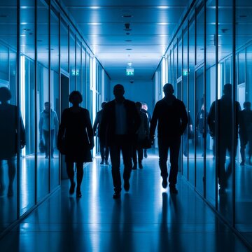 Silhouetted figures walking down a blue-lit corridor with glass walls.