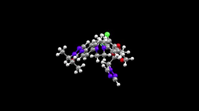 Structure of itraconazole, a broad-spectrum prescription antifungal medication used to treat various fungal and yeast infections. Animated 3D ball-and-stick and spacefill models, black background.