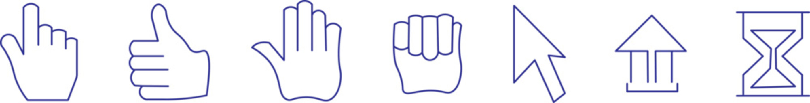 Computer mouse cursor and hand click icon set, retro pixel and modern line art UI pointer vectors, including high-quality symbol, Interface cursor icon collection, outline web pointers,
