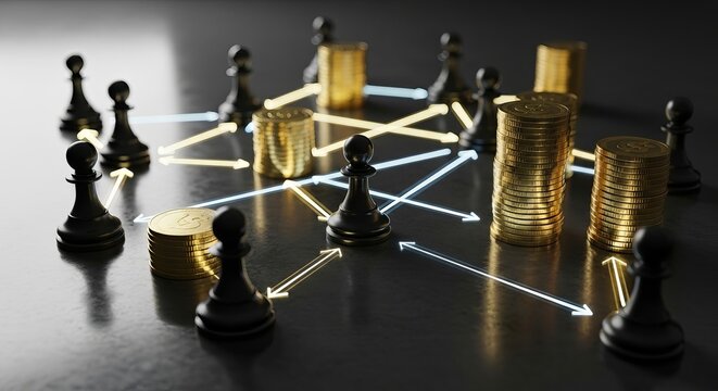 Strategic chess network connecting pawns and gold coins for business.