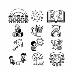 Fototapeta premium A collection of black and white line art icons depicting various aspects of childhood, education, and play, including children, toys, books, and outdoor activities.