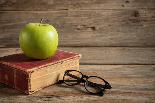Green apple on old book with glasses placed on rustic wooden table background representing education knowledge and wisdom study concept vintage style illustration.