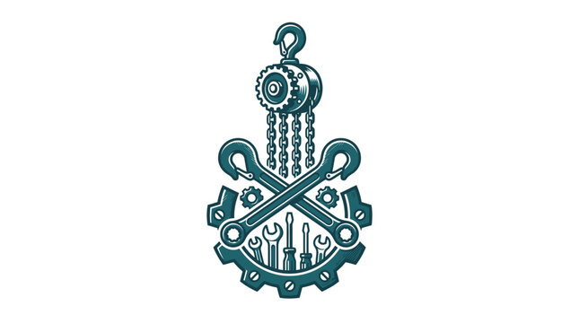 Industrial automotive repair emblem featuring a chain hoist pulley, crossed wrenches, screwdrivers, and gear cogs in a teal monochrome vector illustration isolated on white background.