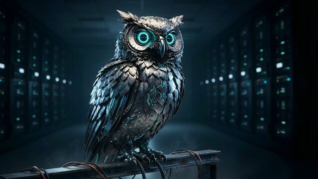 Futuristic digital owl with glowing eyes perched in a high-tech data server room