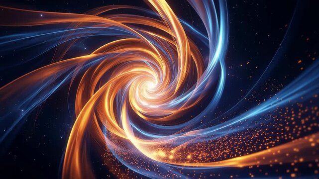 Abstract cosmic spiral energy vortex with glowing orange and blue light trails 4k video