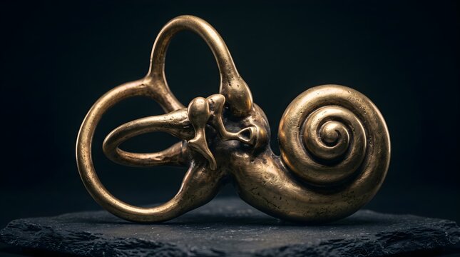 Antique bronze inner ear anatomical model showing cochlea and semicircular canals on dark stone base