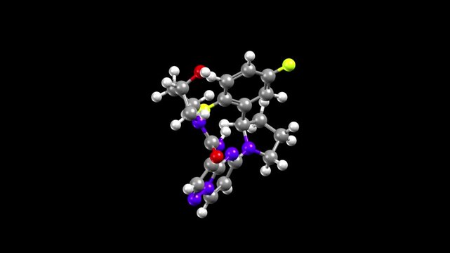 Structure of the anticancer drug larotrectinib. Animated 3D ball-and-stick and spacefill models, black background.