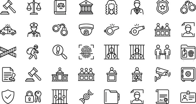 Law Enforcement and Judicial Justice Line Icon Set for Legal Services, Police Departments, Court Proceedings, and Prison Systems