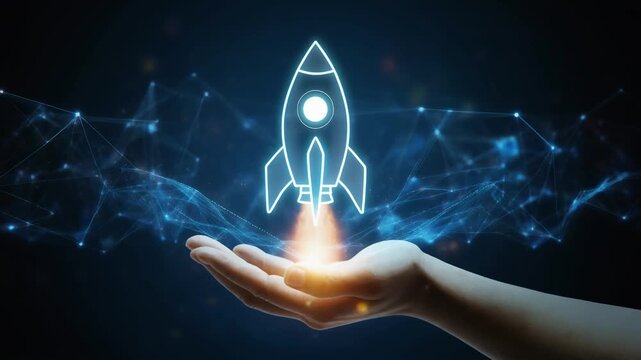 Glowing rocket launch above an open hand with a digital network background, symbolizing innovation, startup growth and technology concept