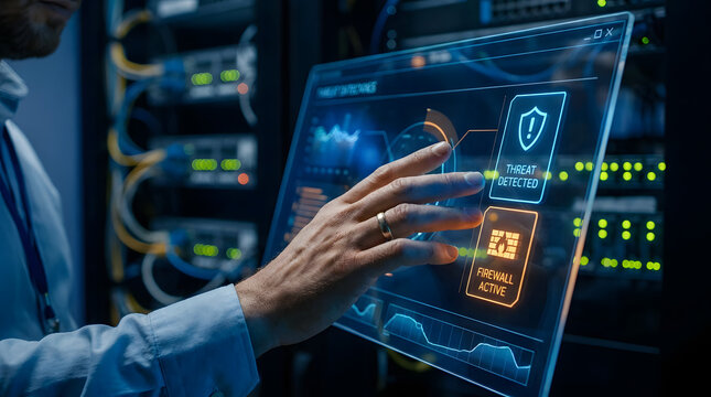 Close-up of human hand interacting with transparent holographic cybersecurity touch screen displaying data visualization, firewall, and threat alerts in a blurred high-tech server rack room.