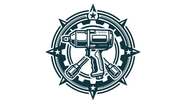 Automotive repair emblem featuring a pneumatic impact wrench tool with crossed socket wrenches inside a circular gear and star frame, vintage mechanic shop vector icon.