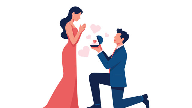 Man Proposing Marriage to Woman with Engagement Ring Vector Illustration