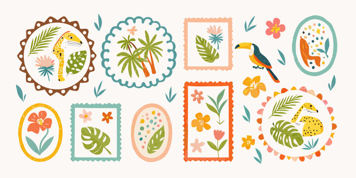 Tropical floral and animal illustrations colorful vector ornaments