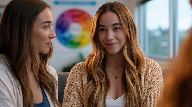 A female therapist and young adult female client sit face to face in a softly lit counseling office, with a feelings wheel chart on the wall behind them, representing emotional eating therapy, cogni