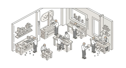 Obraz premium Isometric View of Diverse Professional Woodworkers Collaborating on Sustainable Timber Furniture Manufacturing in Minimalist Modern Carpentry Workshop