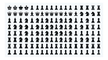 Minimalist chess piece icons set, black silhouette chess symbols vector collection, strategy game elements for UI design © noor