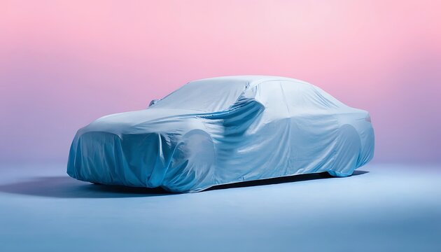 New car covered with a blue fabric sheet in a studio with soft pink and purple lighting