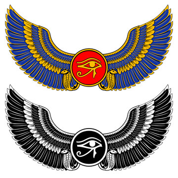 Ancient Egyptian symbol of winged sun ring with the Eye of Horus. Color and black and white vector cliparts