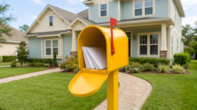 Yellow Mailbox with Letters and Raised Flag in Suburban Front Yard