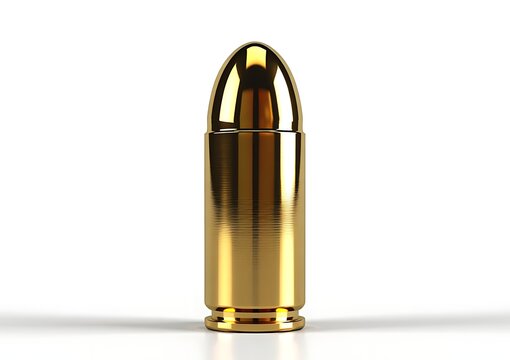 Single Golden 9mm Bullet Standing Upright on a Clean White Studio Background