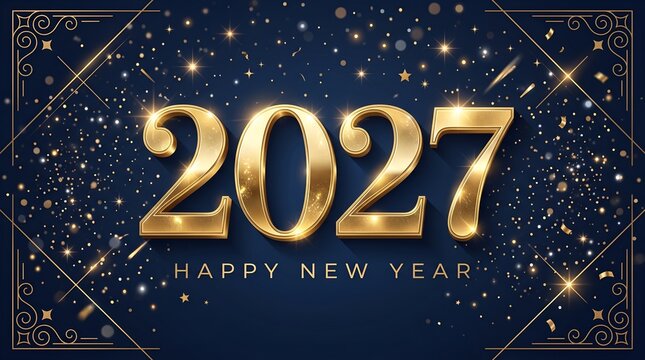 Golden 2027 New Year Typography With Sparkle Effect Dark Blue Background