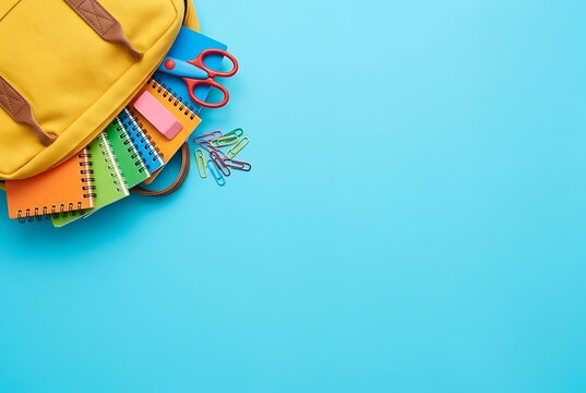 School backpack with colorful stationery supplies like notebooks pens scissors and paper clips arranged on blue background flat lay top view concept for back to school shopping.