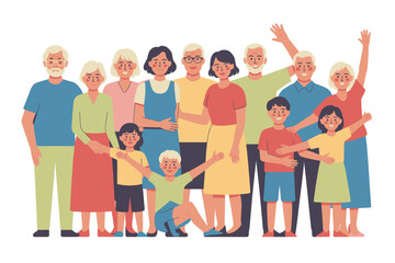 Obraz premium Big multi-generation family portrait, happy extended family group illustration, diverse relatives standing together vector