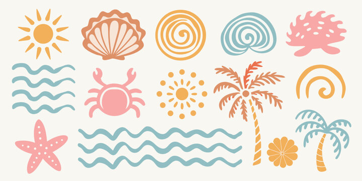Seaside Elements Collection Sun Shell Crab And Palm Tree Vector Illustration