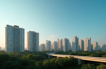 Fototapeta premium High rise apartment buildings form city skyline next to green park area. A highway curves through trees under clear blue sky. Modern urban neighborhood offers residential living.