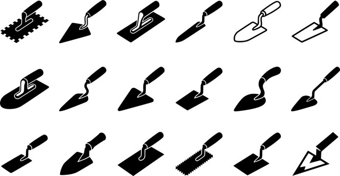 Masonry Trowel Icons Set Isolated on White Background &ndash; Construction Tools, Plastering Trowels, Bricklaying Equipment and Building Vector Collection