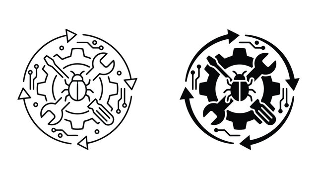 Software maintenance and system debugging cycle process icons with debugging
