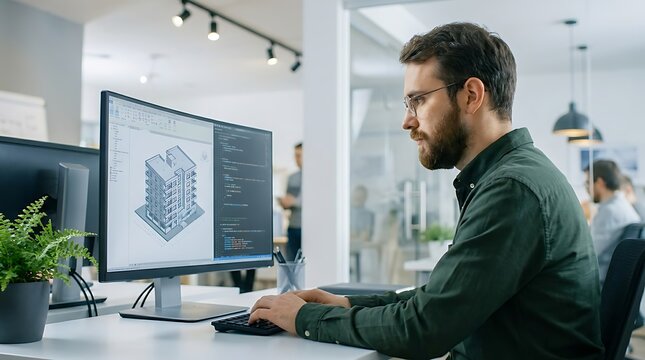Architect using computer aided design software on monitor displaying architectural building model and code in modern office workplace with natural light and green plant on desk.