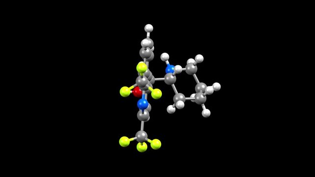 Structure of antimalarial medication melfoquine. Animated 3D ball-and-stick and spacefill models, black background.