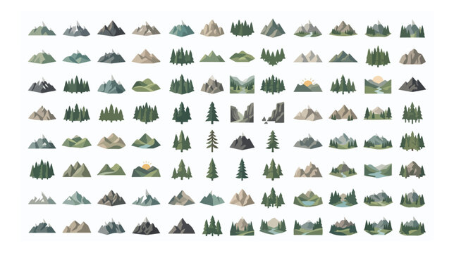Isometric mountain icons and forest landscape elements, set of 88 vector nature symbols, green pine trees and rocky peaks for map design